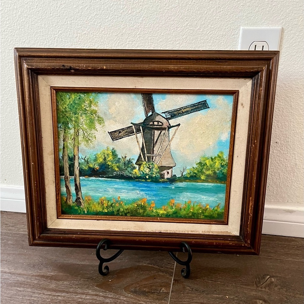 Vintage oil painting Dutch Windmill Landscape Art in wood Brown Frame 13/16.5 “